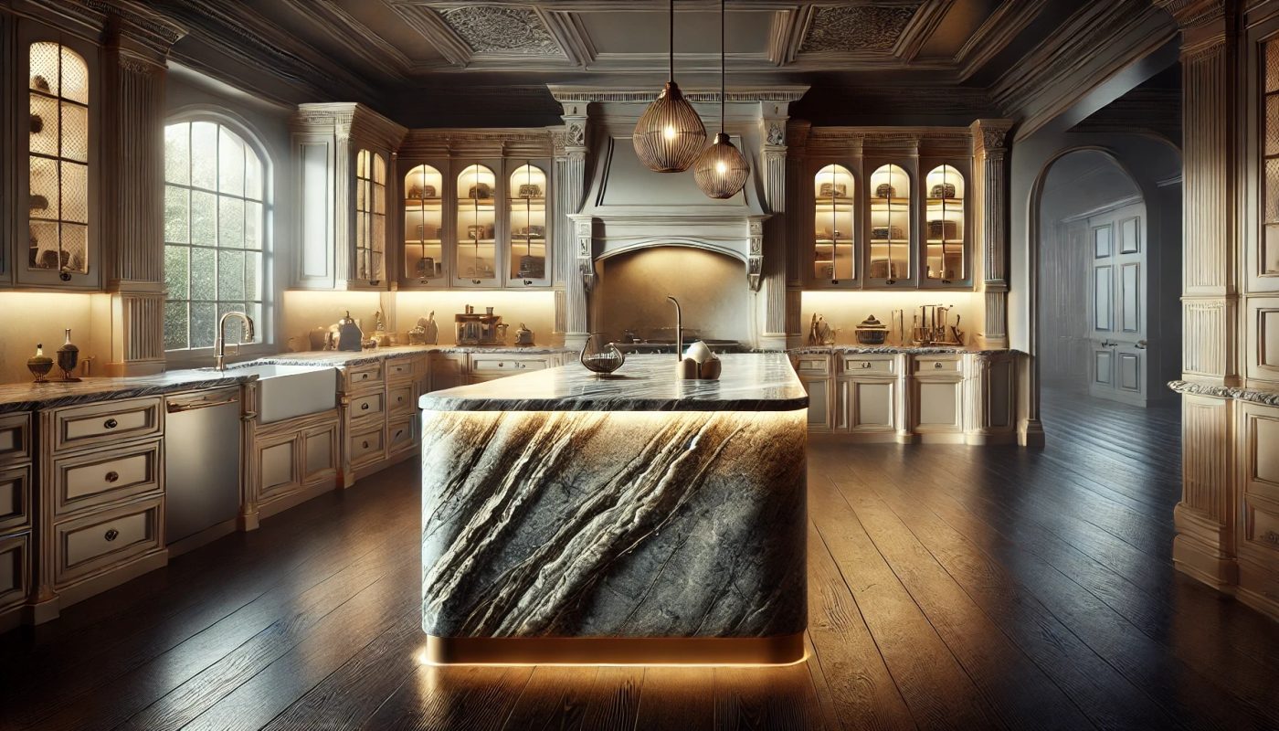 Kitchen island topped with heavily veined natural granite under warm lighting